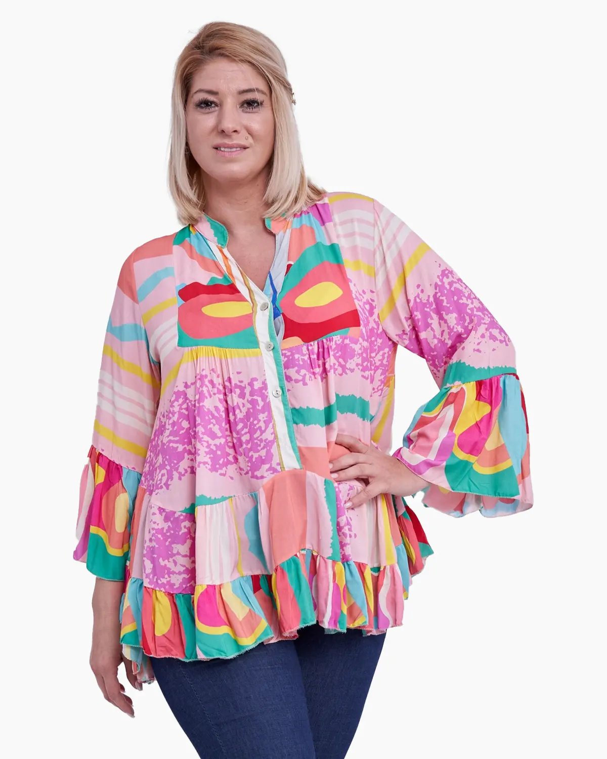 Bluze din Vâscoză - Bluza multicolora pe fond roz