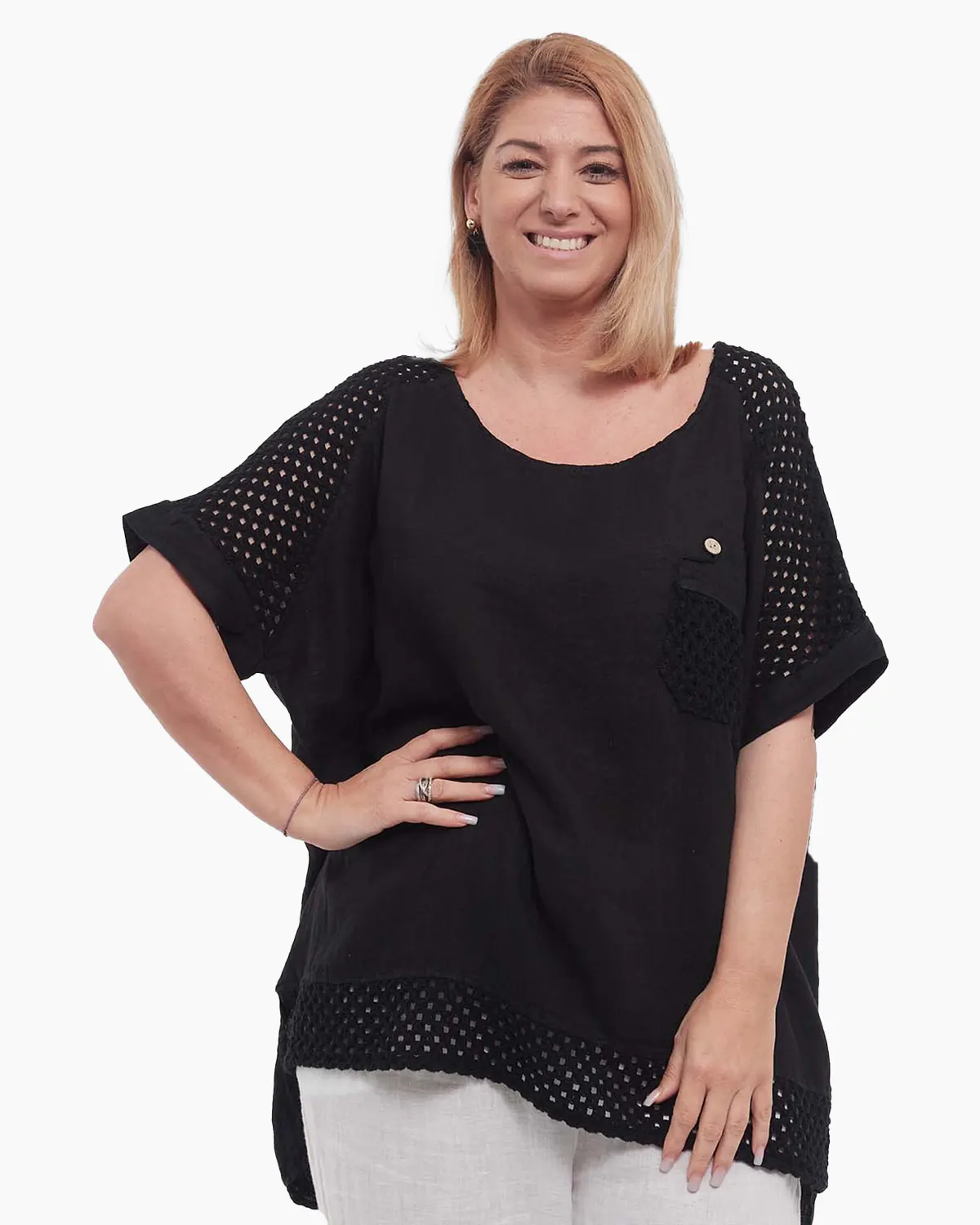 Bluze din In - Bluză neagră din in, tunică lejeră stil smart casual