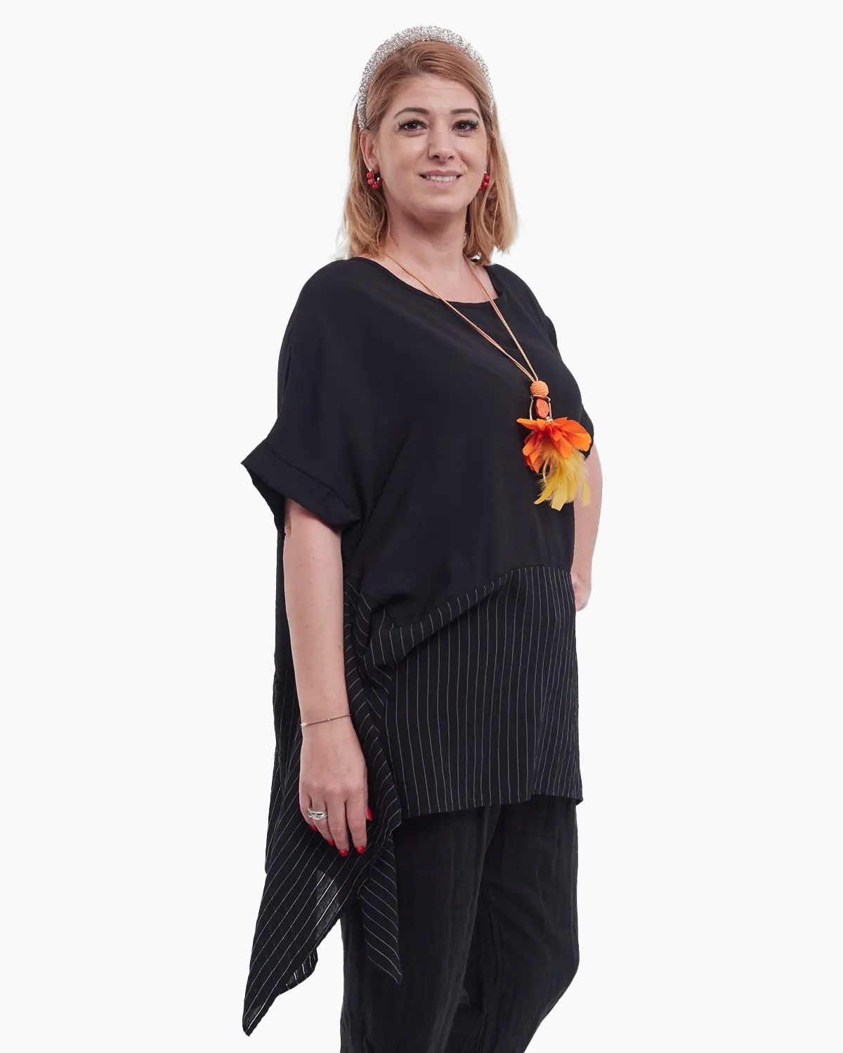 Bluză neagră elegantă asimetrică cu dungi verticale, croială lejeră și stil urban [1]