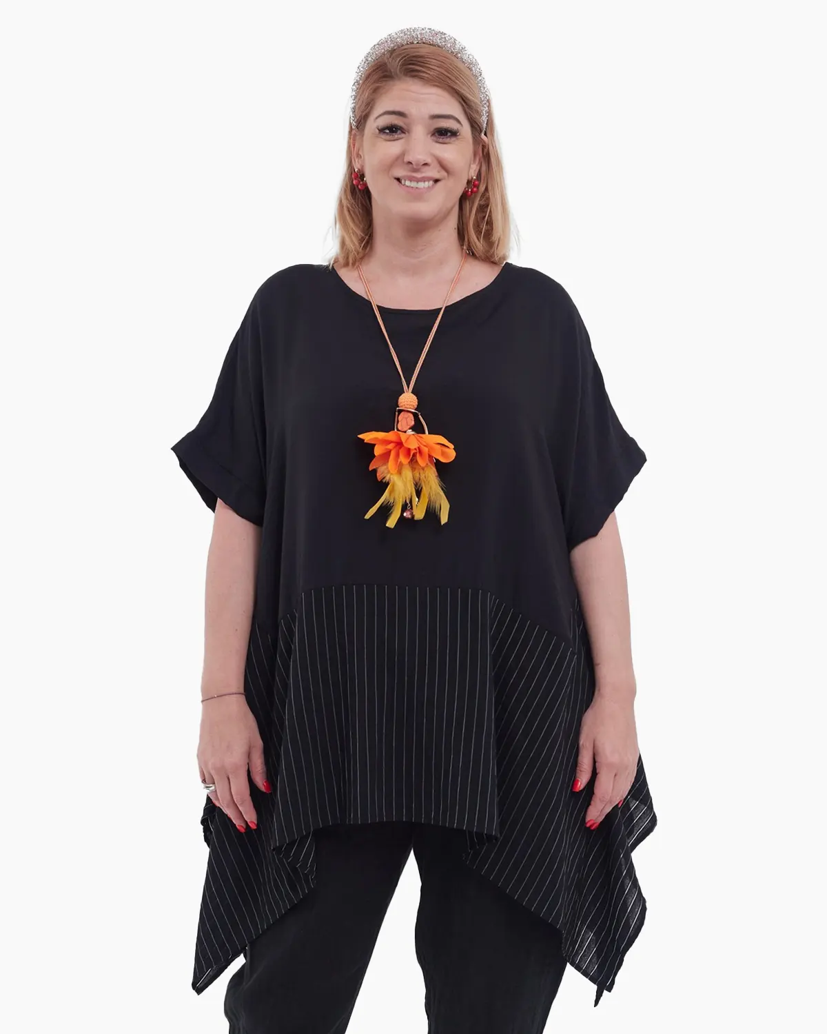 Bluze din Bumbac - Bluză neagră elegantă asimetrică cu dungi verticale, croială lejeră și stil urban