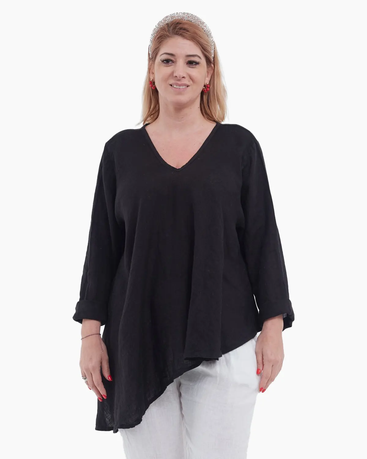 Bluze din In - Bluză neagră elegantă din in cu achior, croială asimetrică și decolteu în V