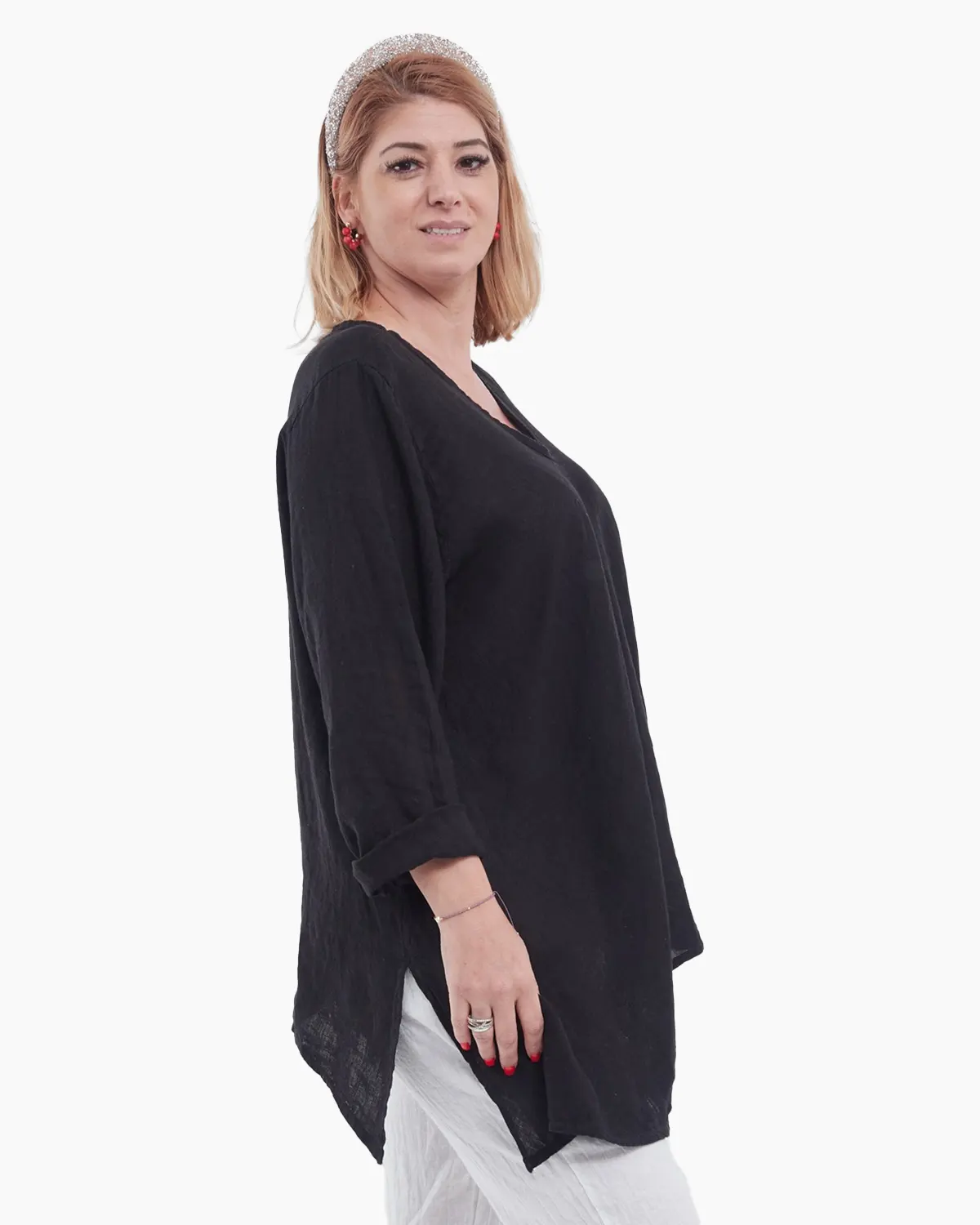 Bluză neagră elegantă din in cu achior, croială asimetrică și decolteu în V [2]