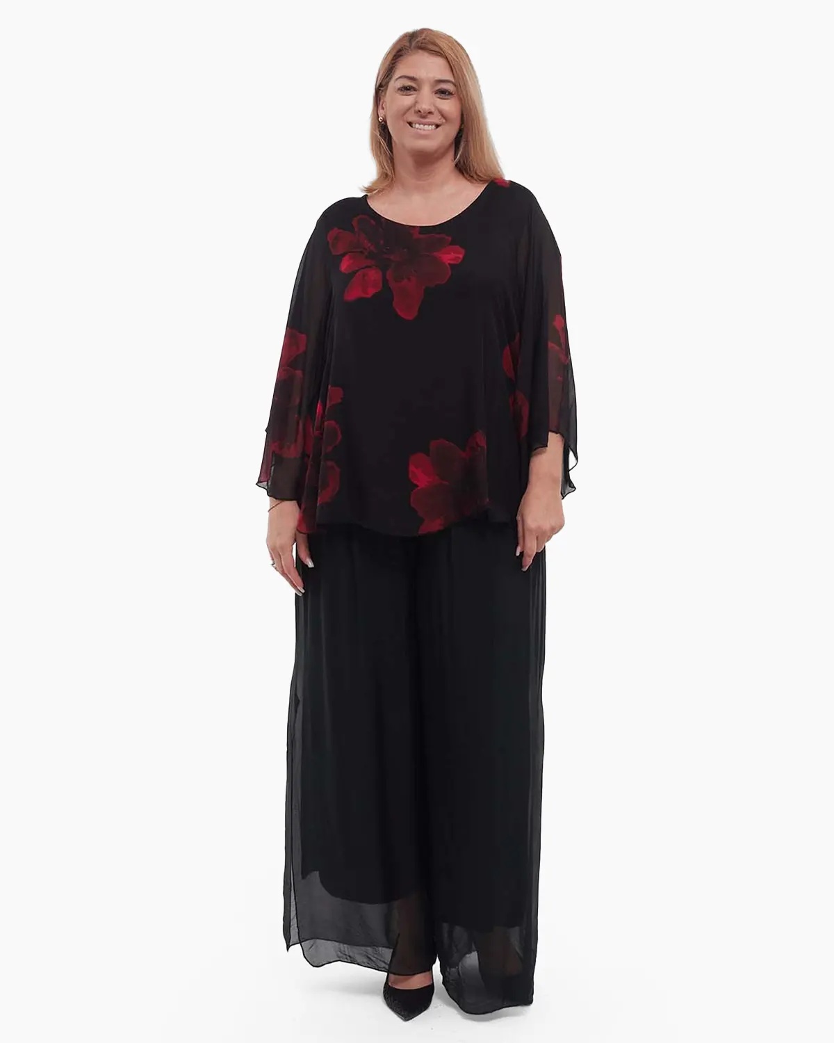 Bluză neagră elegantă stil kimono cu imprimeu floral din vâscoză [3]