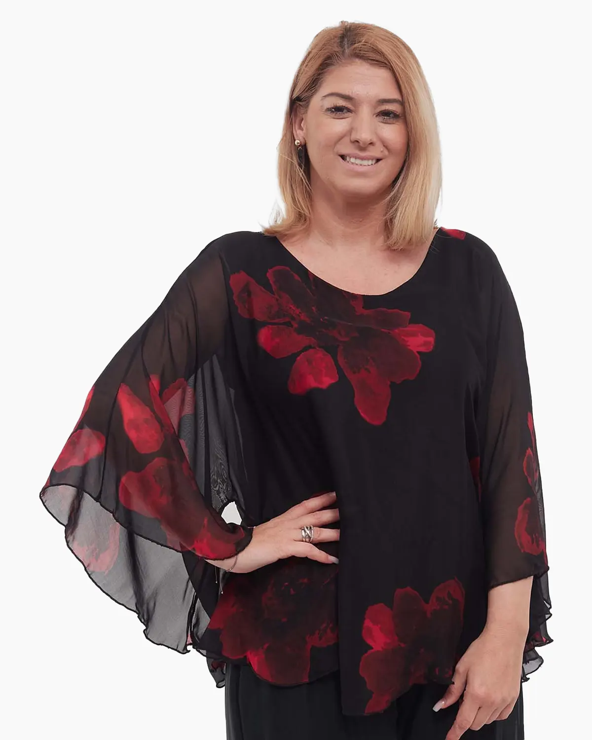 Bluze din Vâscoză - Bluză neagră elegantă stil kimono cu imprimeu floral din vâscoză