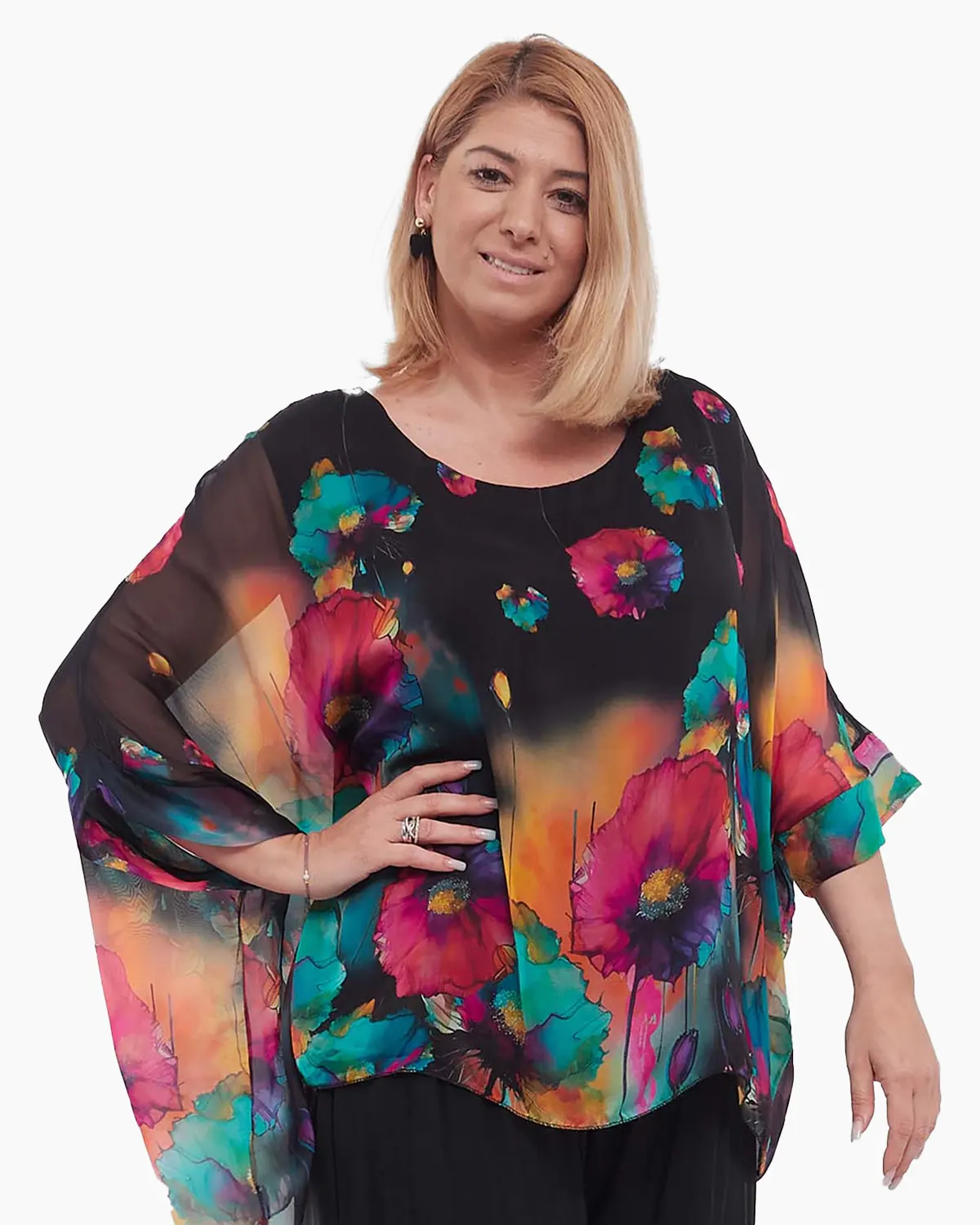 Bluze din Mătase - Bluză neagră romantică din mătase cu imprimeu floral și mâneci ample
