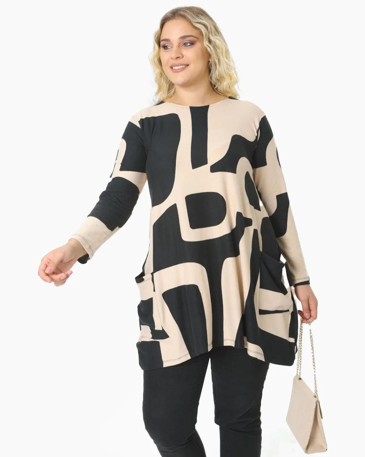 Bluza oversize cu imprimeu geometric bej cu negru [3]