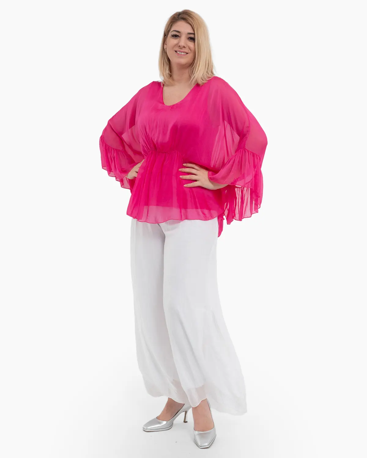 Bluza oversize roz din matase cu detalii feminine stransa sub bust [2]