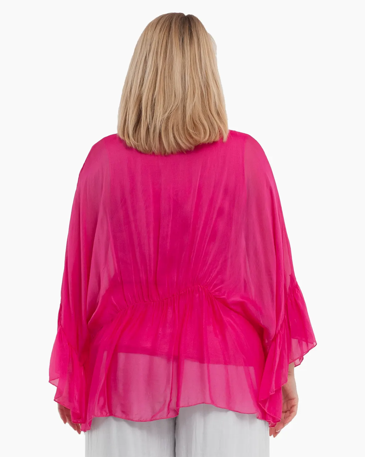 Bluza oversize roz din matase cu detalii feminine stransa sub bust [1]
