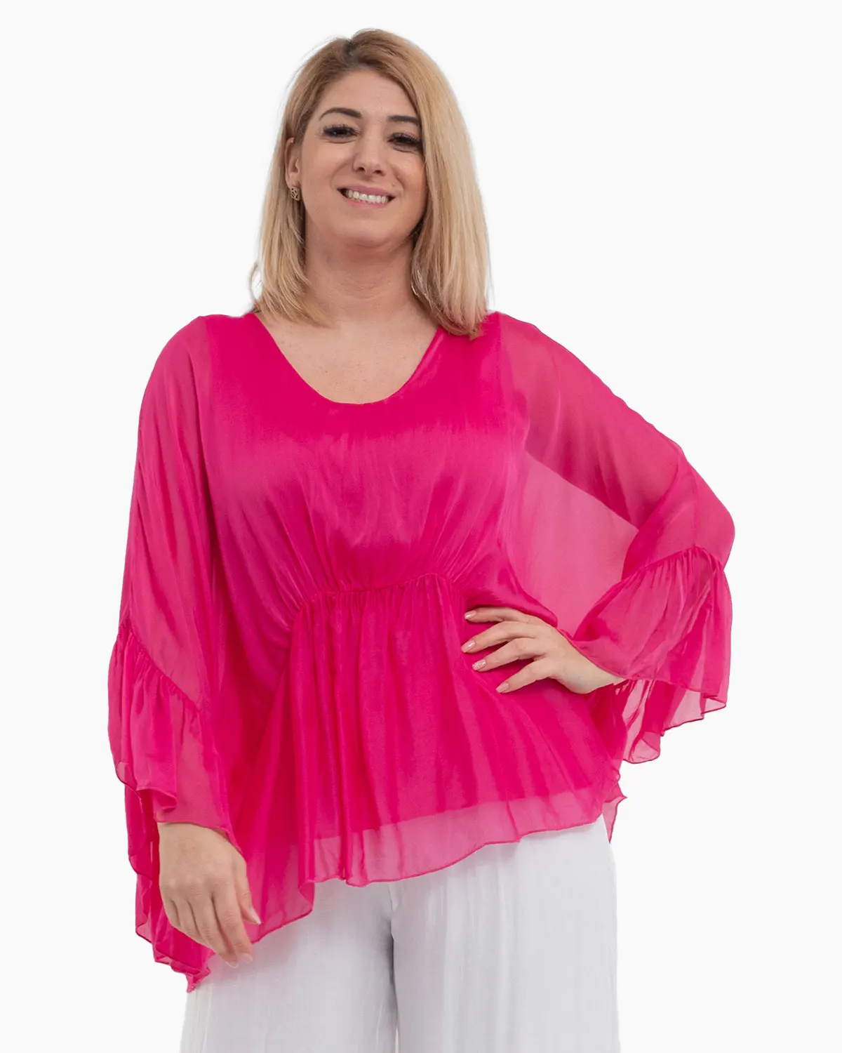 Bluze - Bluza oversize roz din matase cu detalii feminine stransa sub bust