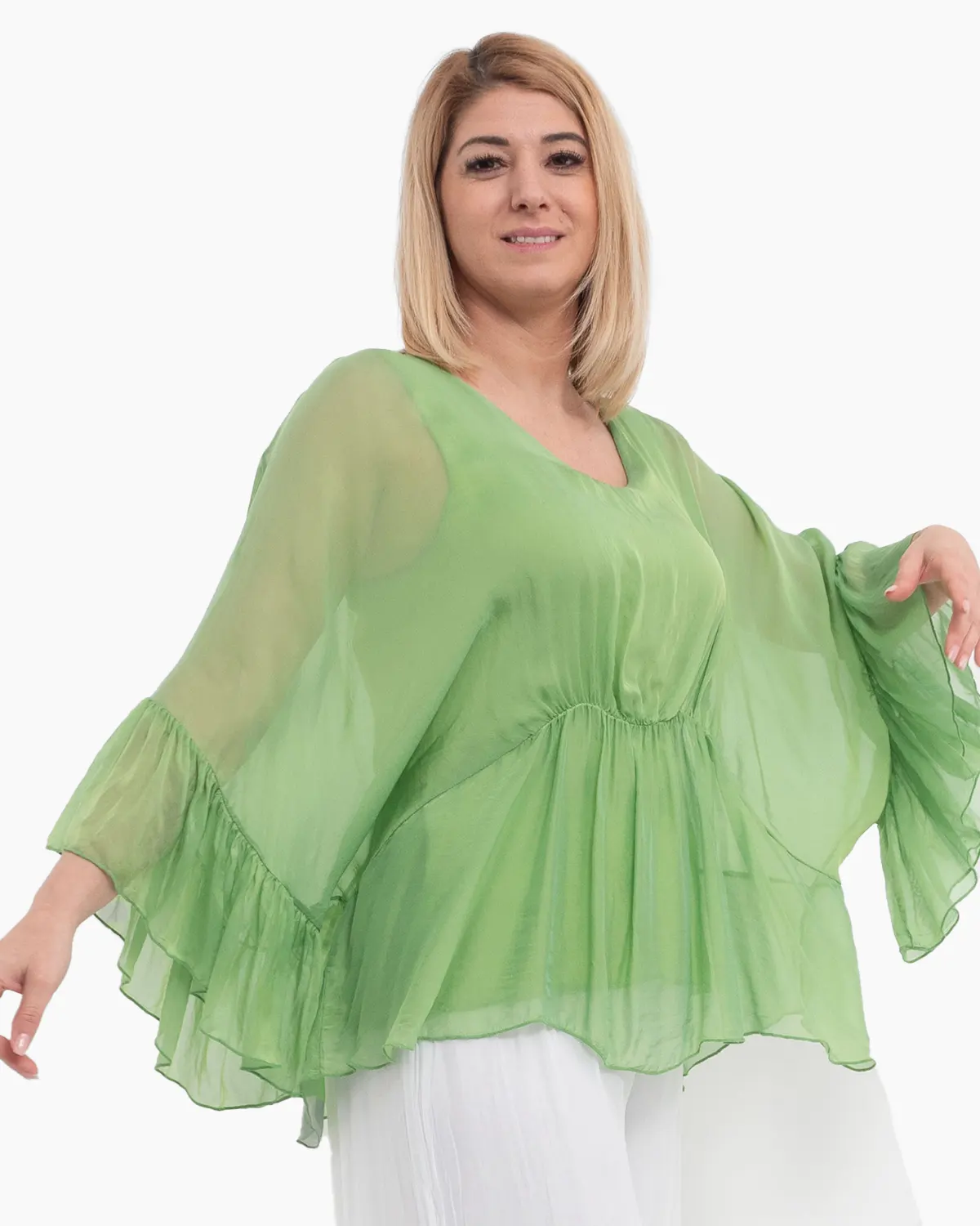 Bluza oversize verde din matase cu detalii feminine stransa sub bust [2]