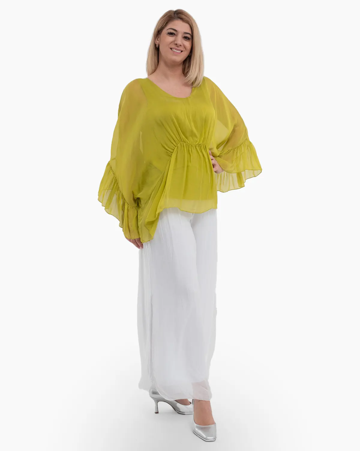 Bluza oversize verde lime din matase cu detalii feminine stransa sub bust [2]