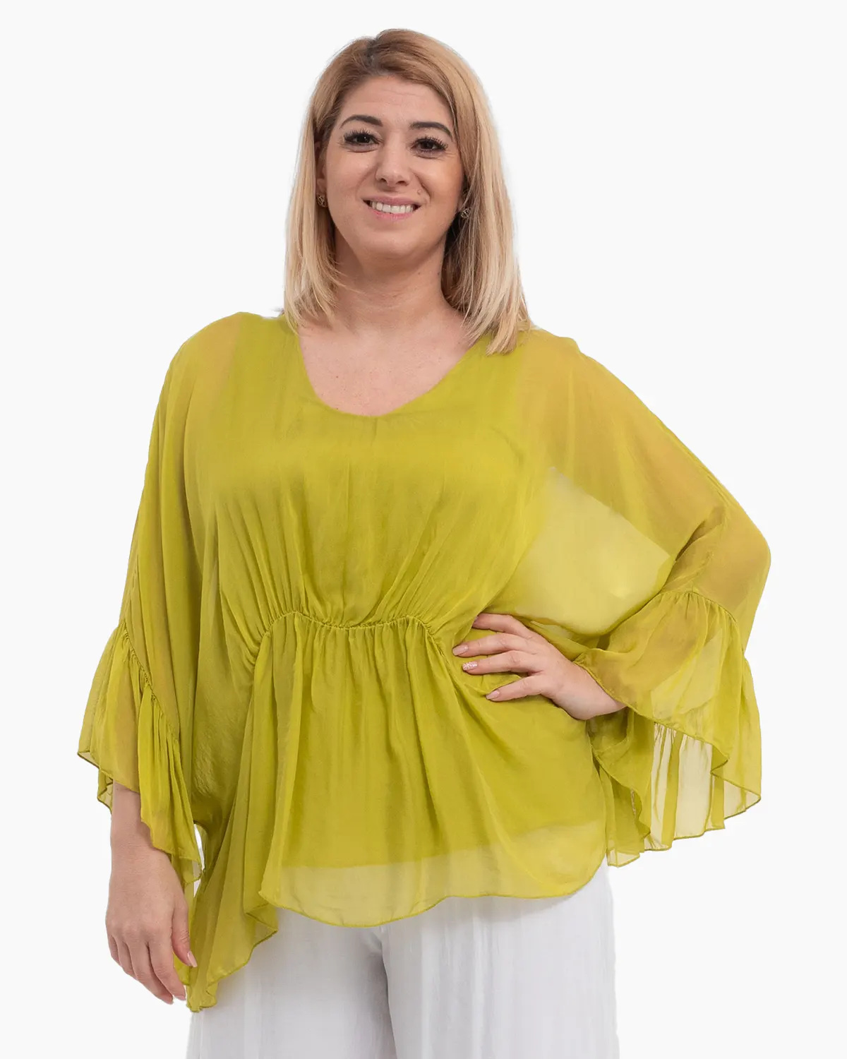 Bluze din Vâscoză - Bluza oversize verde lime din matase cu detalii feminine stransa sub bust