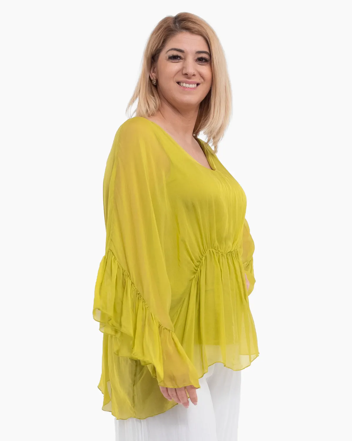 Bluza oversize verde lime din matase cu detalii feminine stransa sub bust [3]
