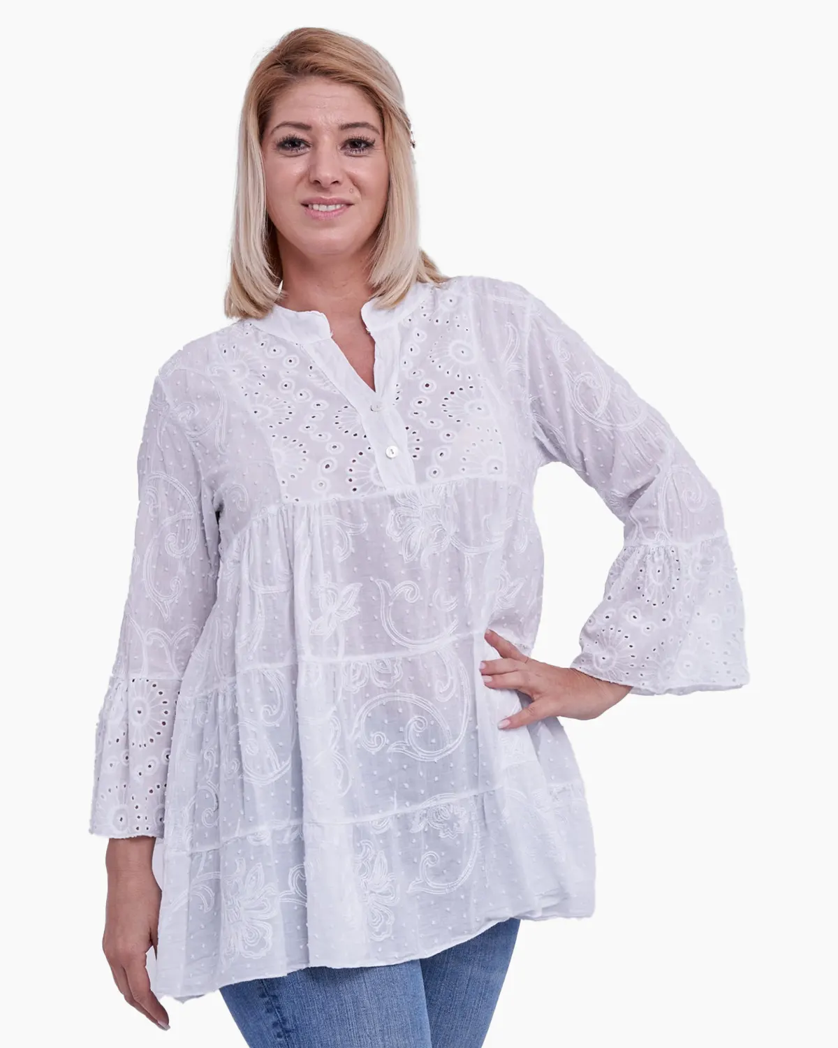 Bluze din Bumbac - Bluza oversized brodata din bumbac, alba