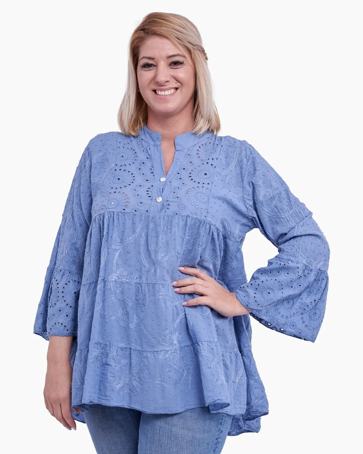 Bluze din Bumbac - Bluza oversized brodata din bumbac, albastra