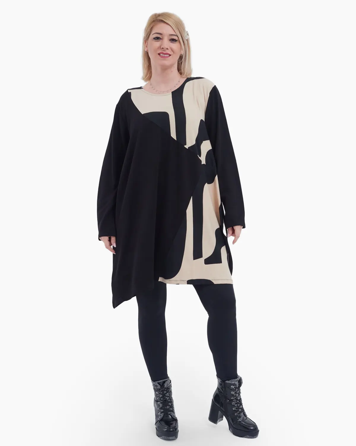 Bluza oversized neagra cu imprimeu bej [1]