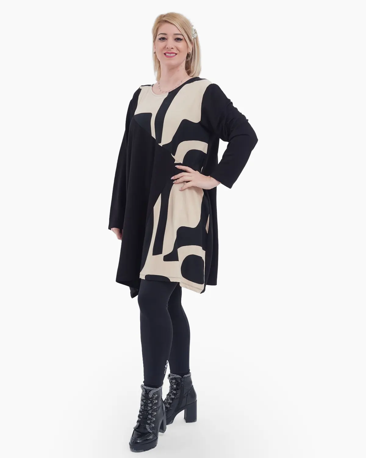 Bluze - Bluza oversized neagra cu imprimeu bej