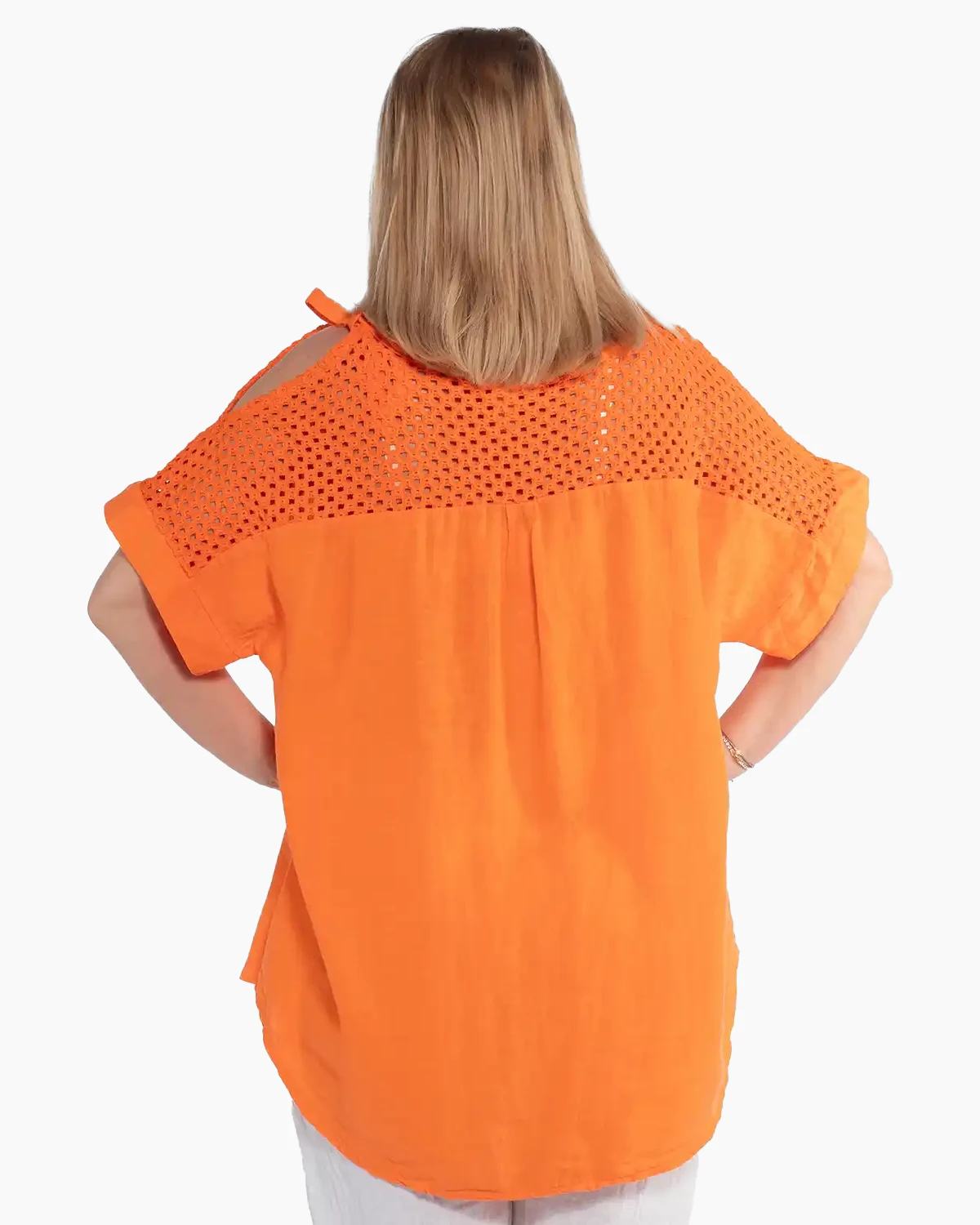 Bluză portocalie din in cu design asimetric și mâneci kimono ample [1]