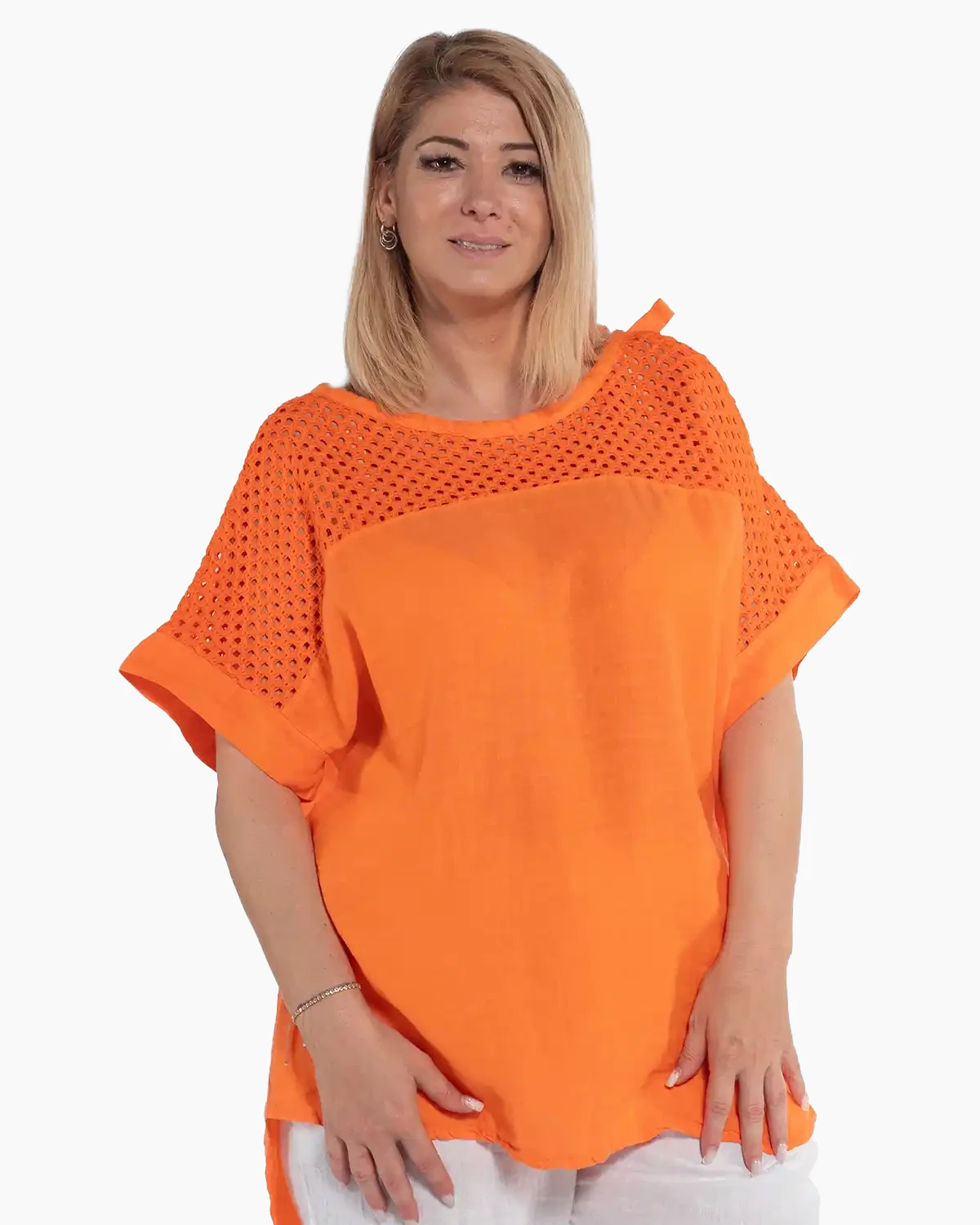Bluze din In - Bluză portocalie din in cu design asimetric și mâneci kimono ample