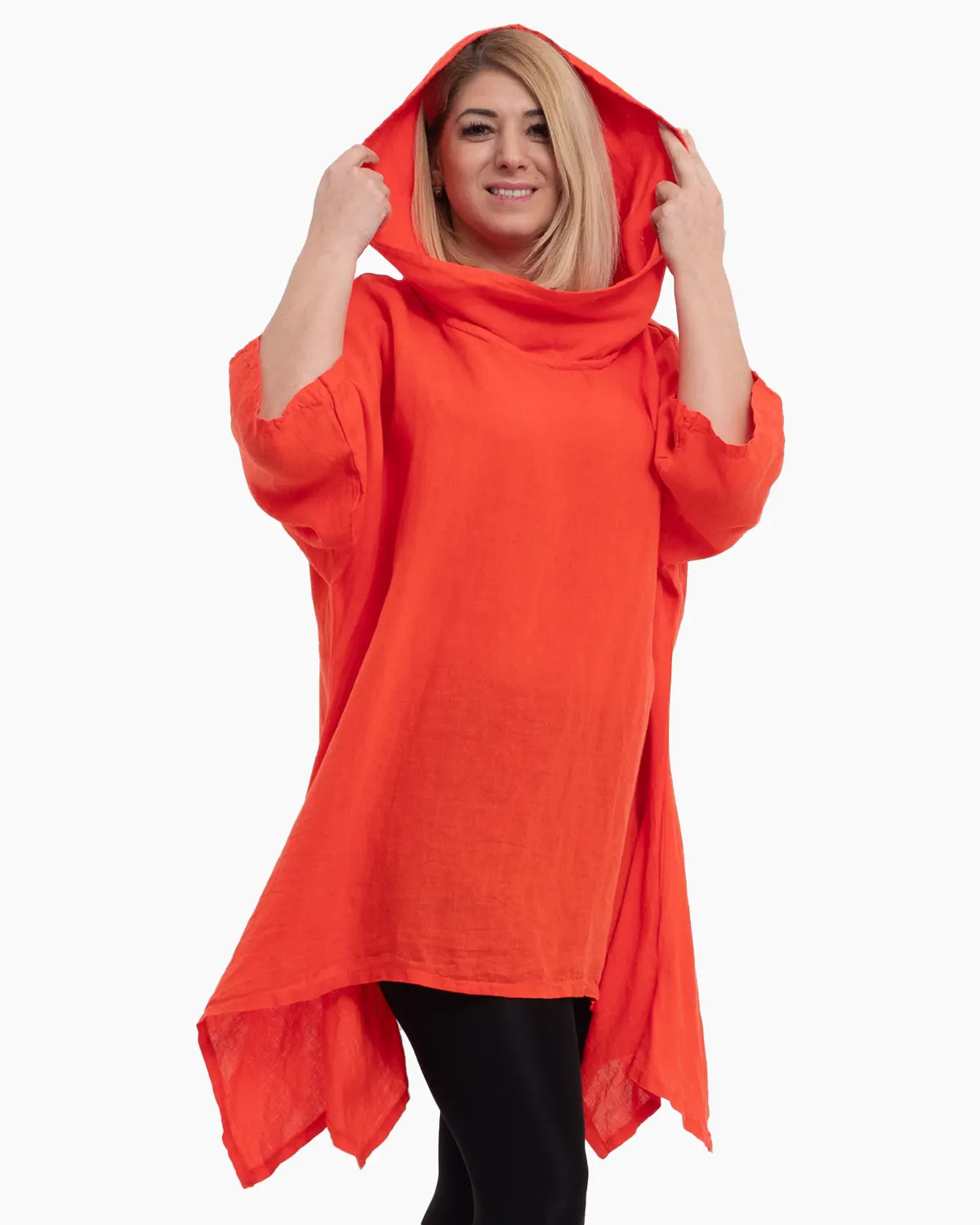 Bluza portocalie din in cu gluga si croi lejer pentru eleganta casual [3]