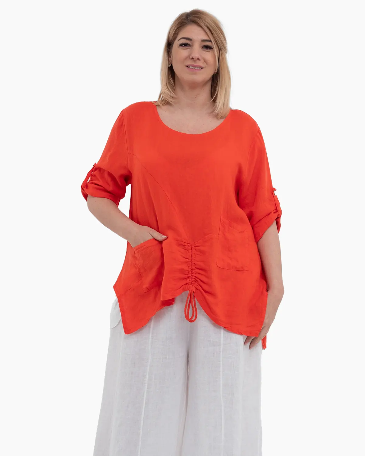 Bluze din In - Bluza portocalie din in cu maneci trei sferturi si buzunare