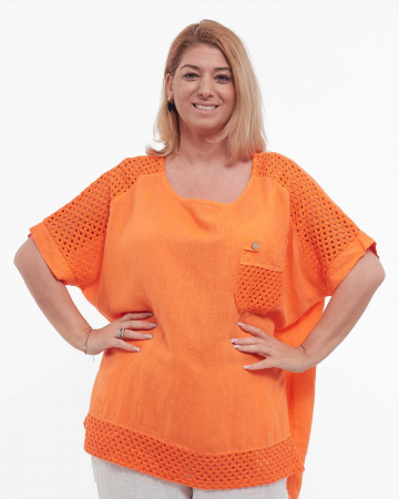 Bluze din In - Bluză portocalie din in, tunică vaporoasă stil smart casual