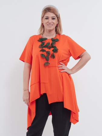 Bluze din Bumbac - Bluză portocalie lungă asimetrică cu dungi fine, croială lejeră și stil modern elegant