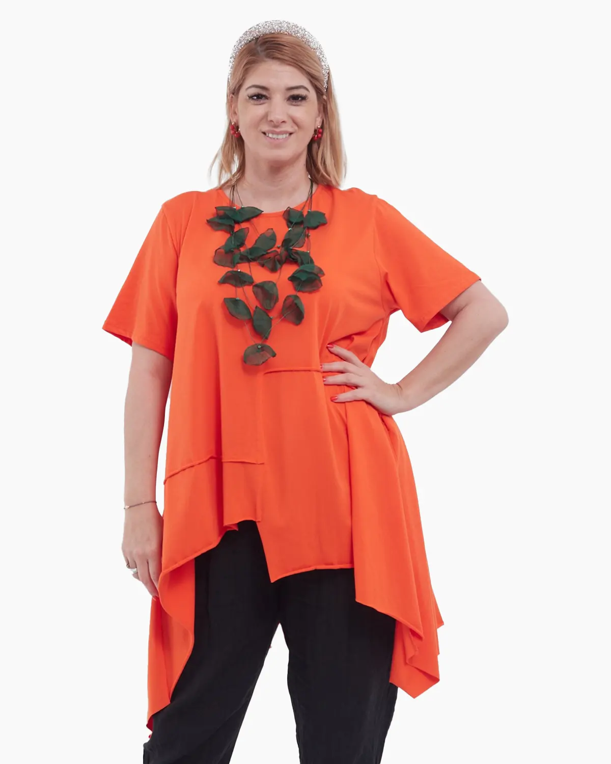Bluze din Bumbac - Bluză portocalie lungă asimetrică cu dungi fine, croială lejeră și stil modern elegant