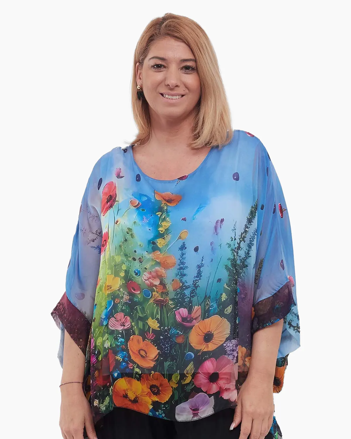 Bluză romantică bleu din mătase cu imprimeu floral rafinat [2]