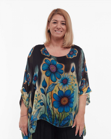 Bluze din Mătase - Bluză romantică bleumarin din mătase cu imprimeu floral