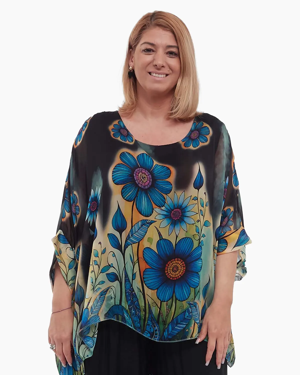 Mărimi mari - Bluză romantică bleumarin din mătase cu imprimeu floral