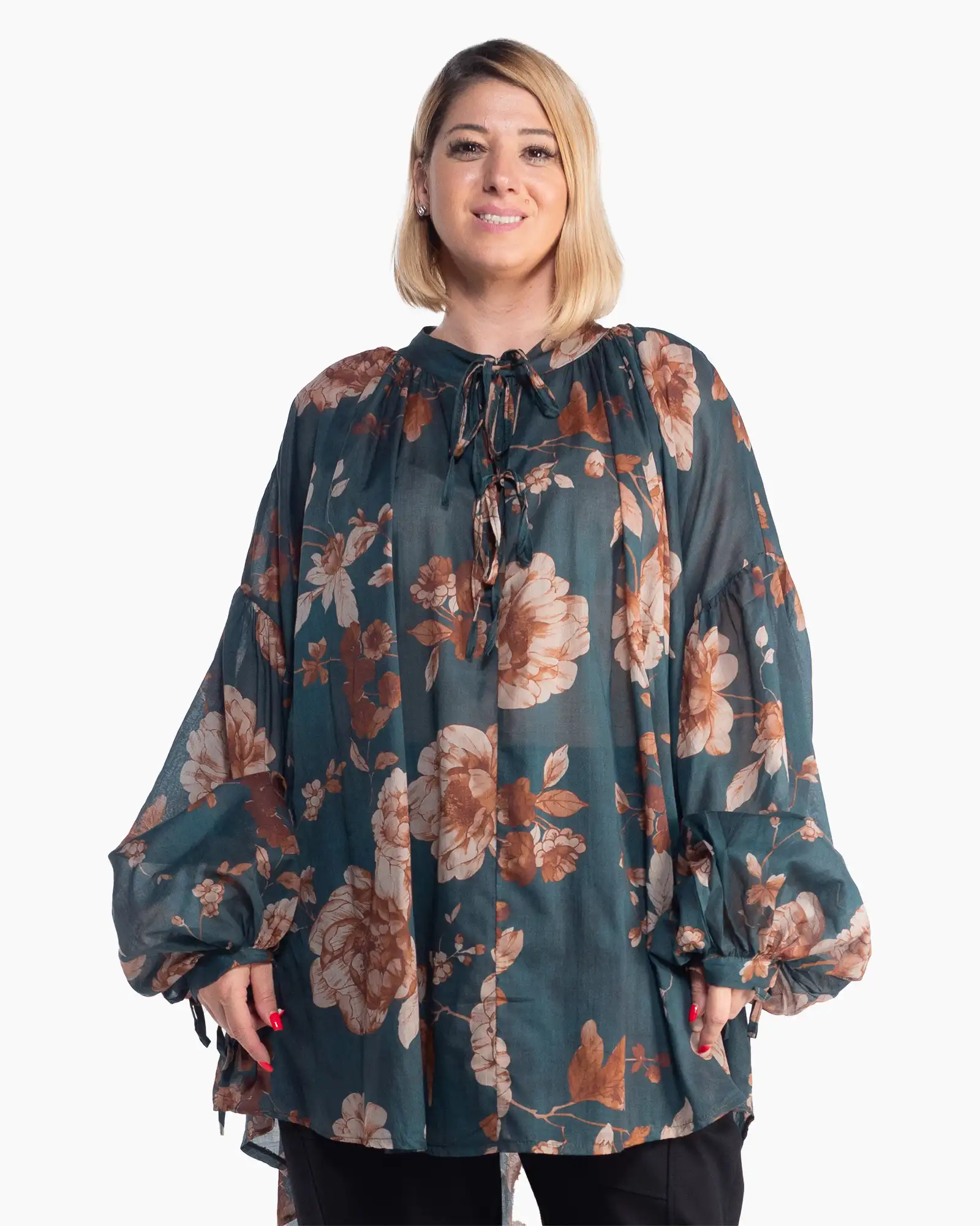 Bluze din Bumbac - Bluză romantică bordeaux floral cu mâneci bufante vaporoase