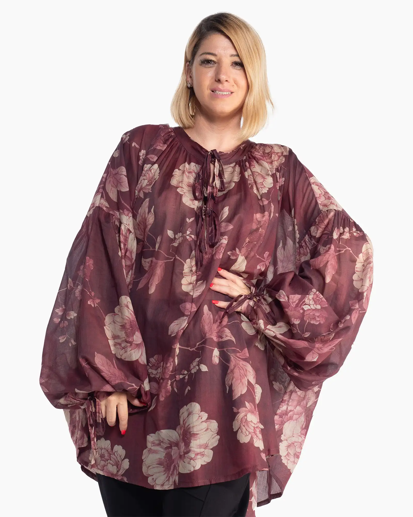 Bluze din Bumbac - Bluză romantică bordeaux floral cu mâneci bufante vaporoase