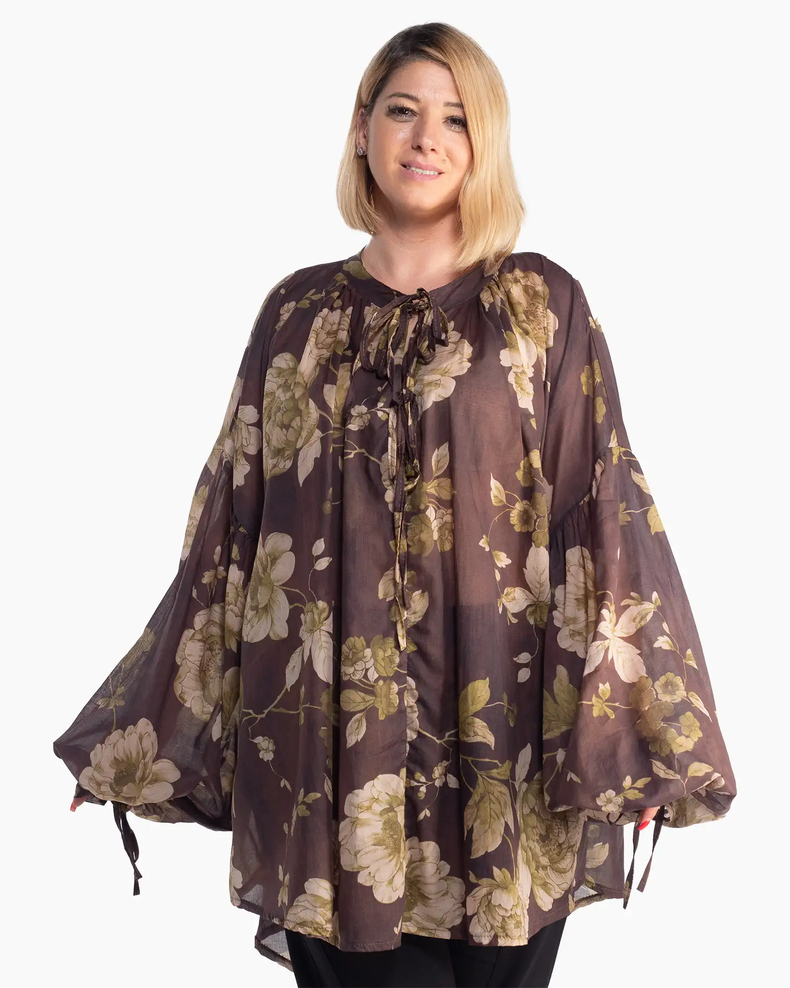 Bluze din Bumbac - Bluză romantică bordeaux floral cu mâneci bufante vaporoase