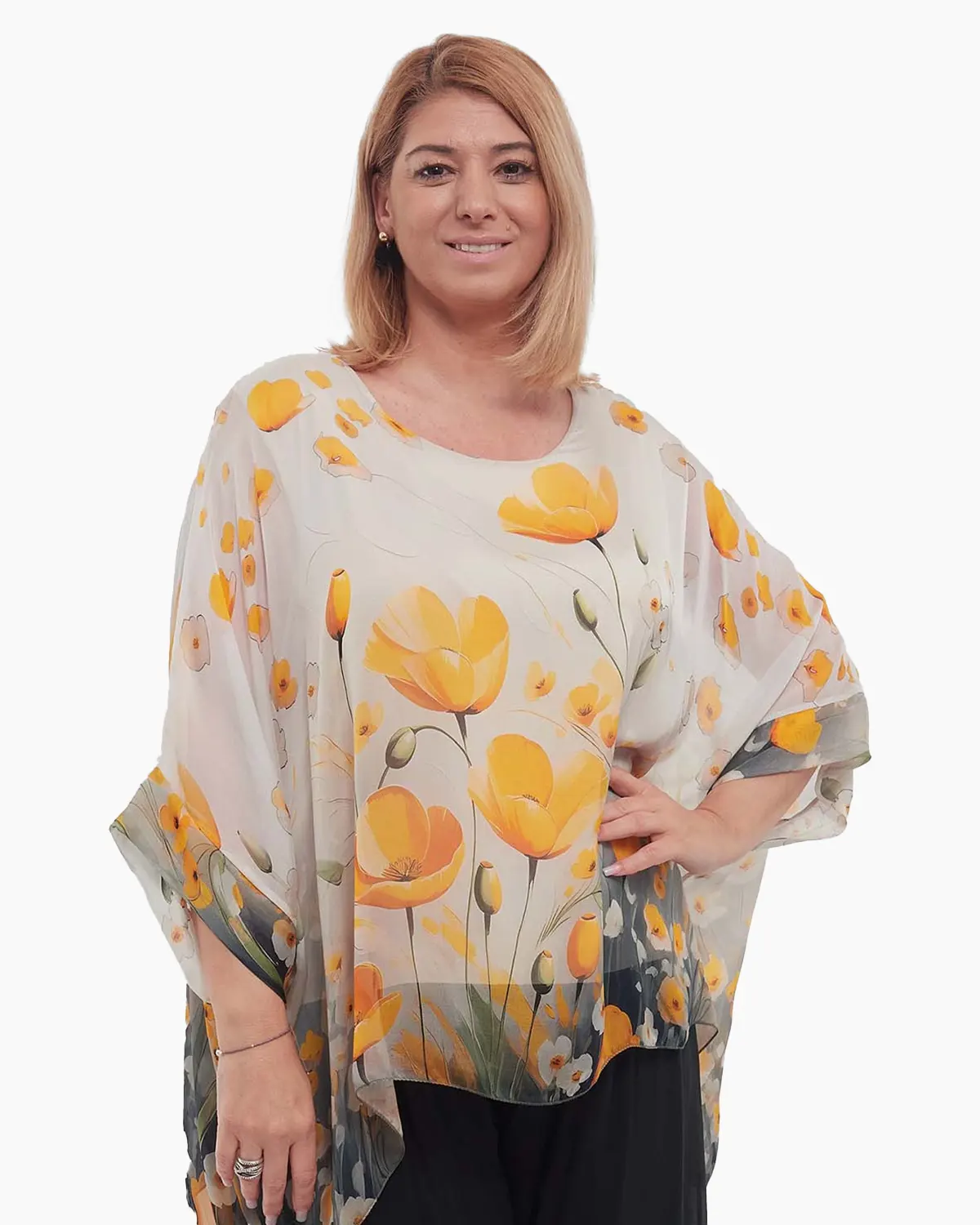Haine damă - Bluză romantică crem din mătase cu imprimeu floral mărime unică