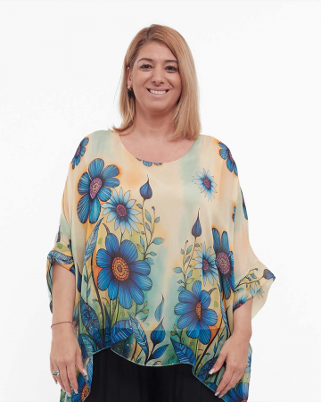 Bluze din Mătase - Bluză romantică crem din mătase cu imprimeu floral și mâneci dolman