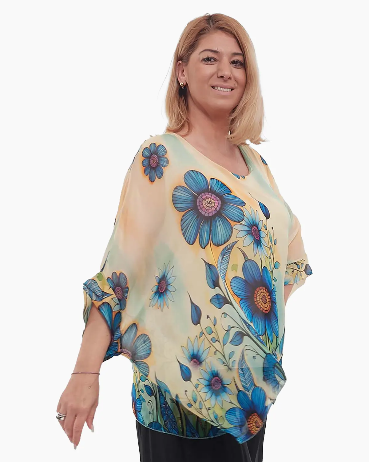 Bluză romantică crem din mătase cu imprimeu floral și mâneci dolman [2]
