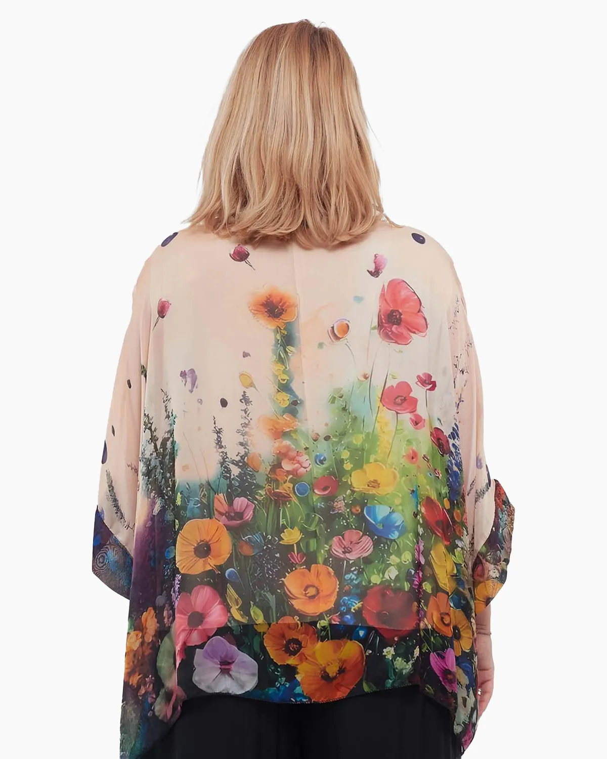 Bluză romantică crem din mătase cu imprimeu floral și mâneci dolman [1]