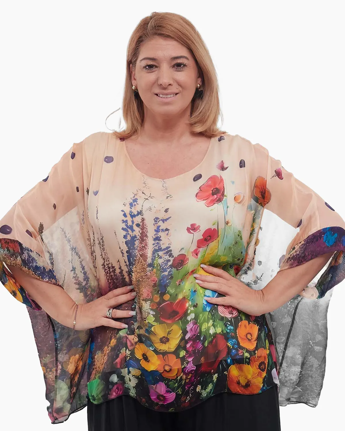 Haine damă - Bluză romantică crem din mătase cu imprimeu floral și mâneci dolman