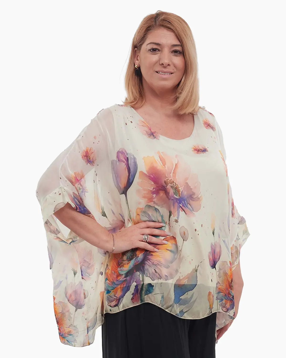 Bluză romantică din mătase crem cu imprimeu floral [2]