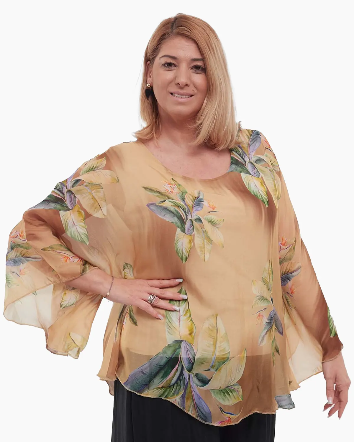 Bluză romantică maro din vâscoză cu imprimeu floral și mâneci kimono [2]