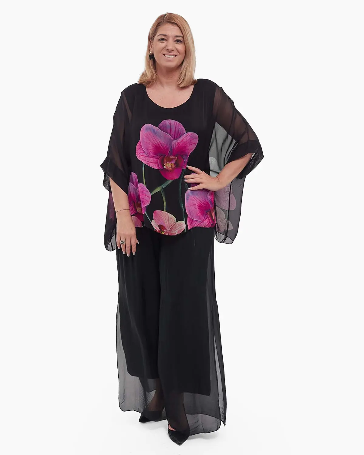 Bluză romantică neagră din mătase cu imprimeu floral [2]