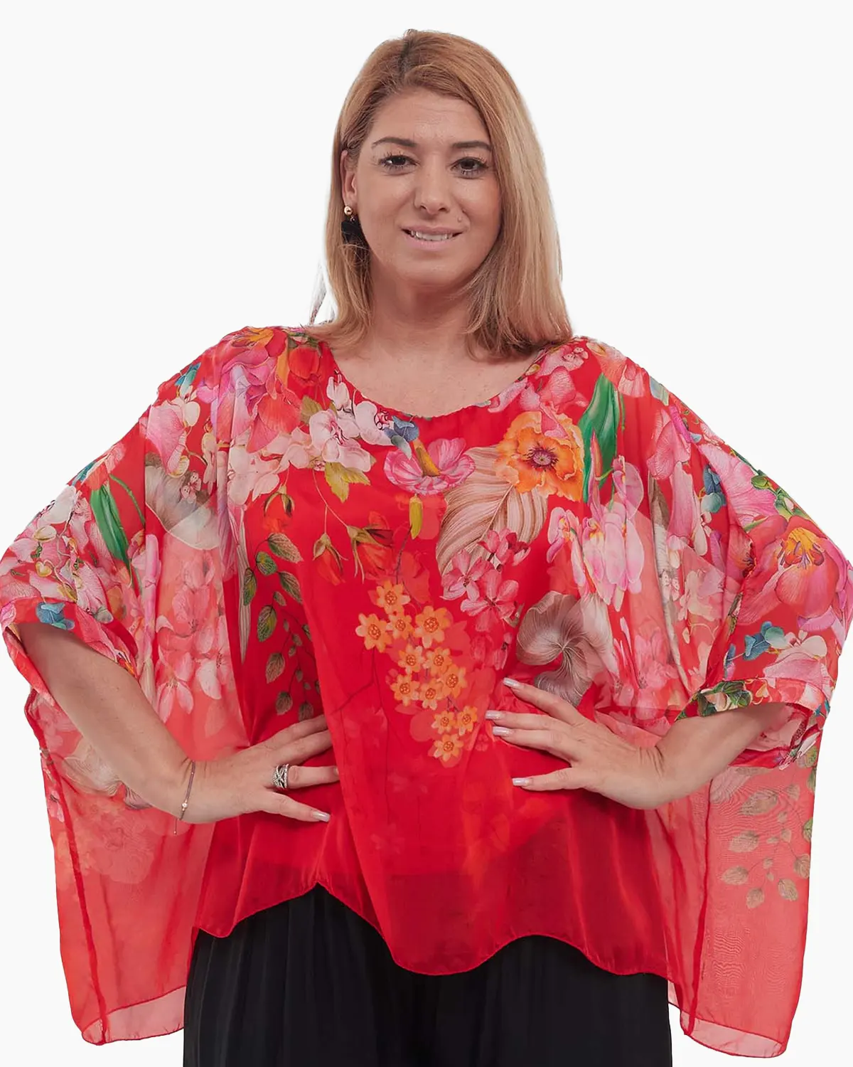 Mărimi mari - Bluză roșie romantică din mătase florală, elegantă și lejeră