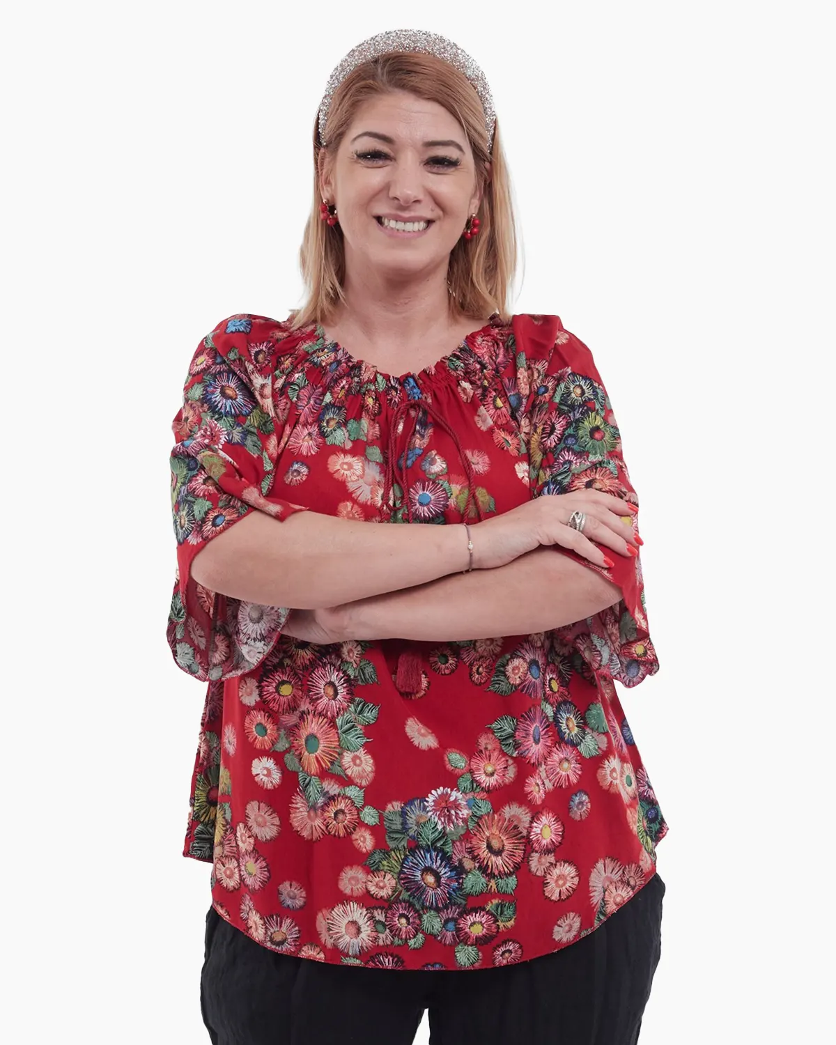 Bluză roșie tip ie asimetrică cu volane și imprimeu floral [2]