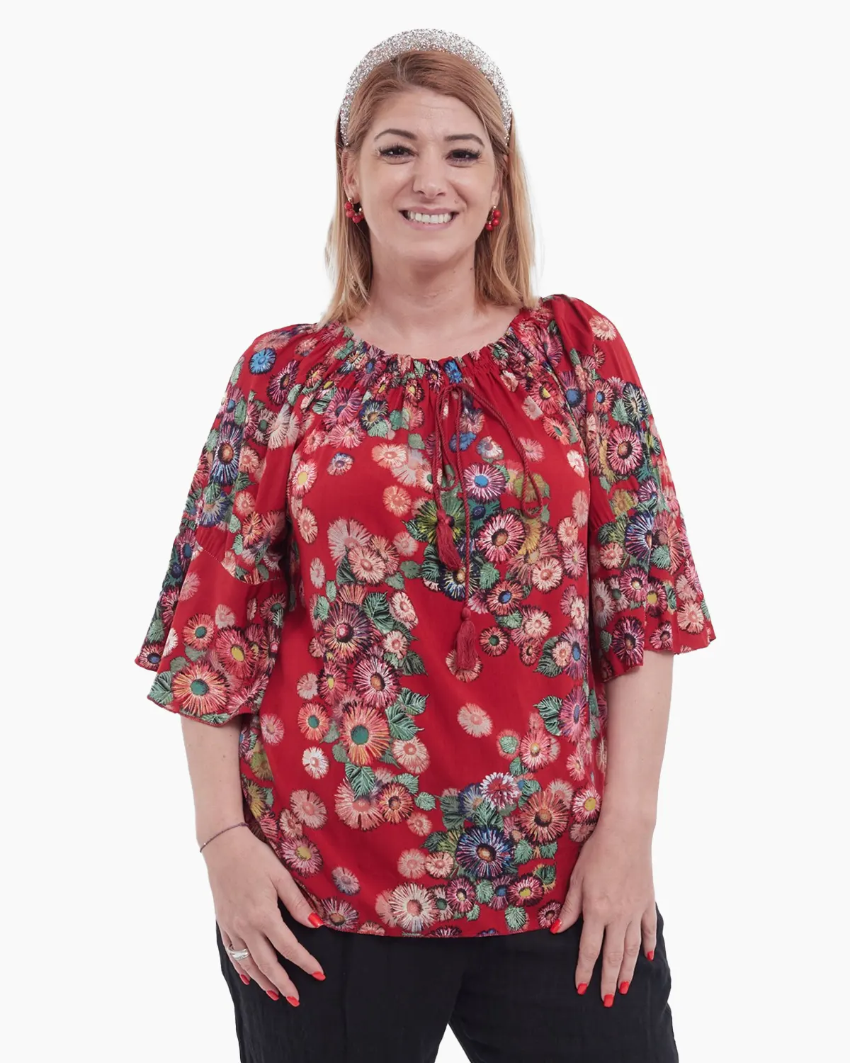 Bluze din Bumbac - Bluză roșie tip ie asimetrică cu volane și imprimeu floral