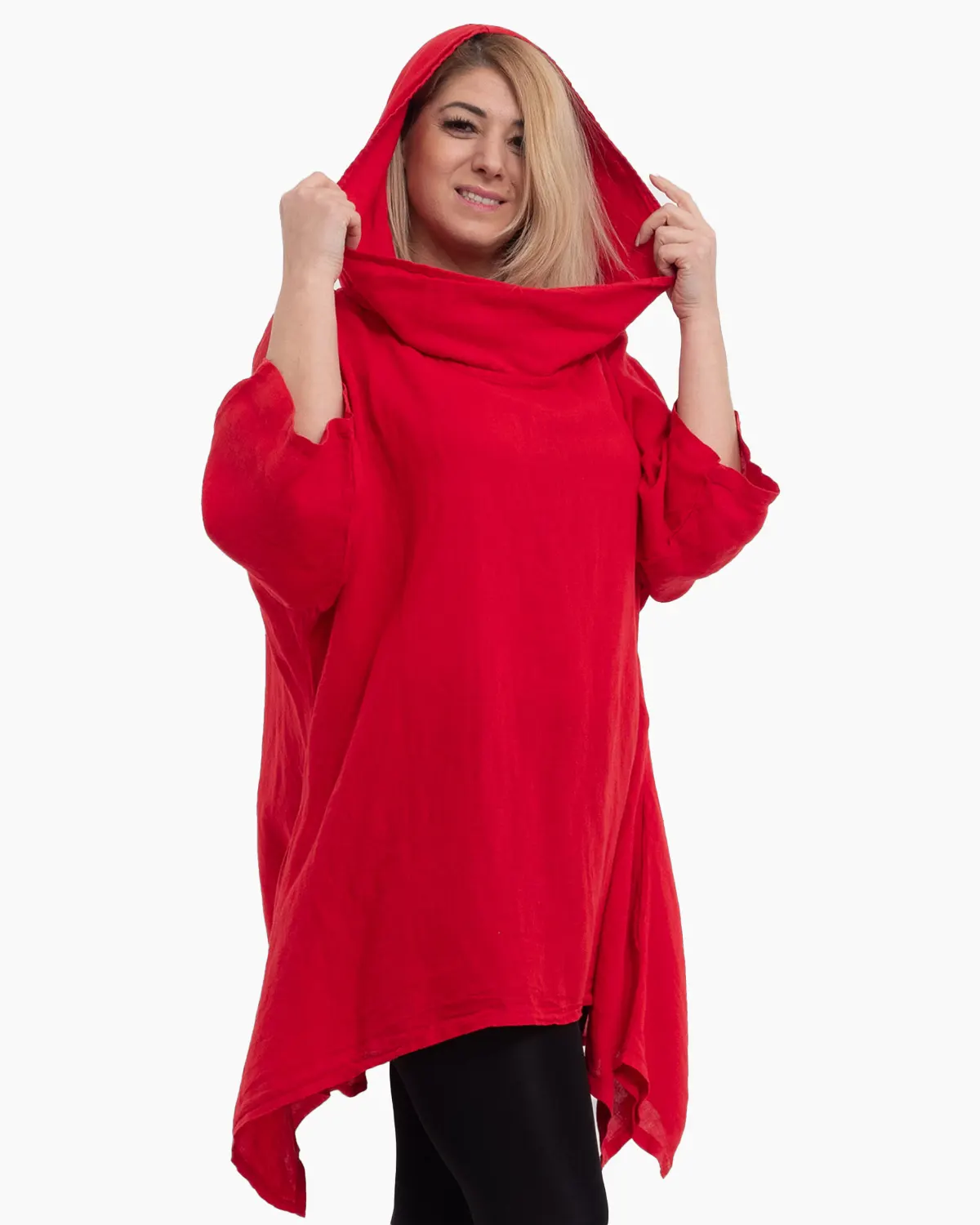 Bluza rosu din in cu gluga si croi lejer pentru eleganta casual [3]