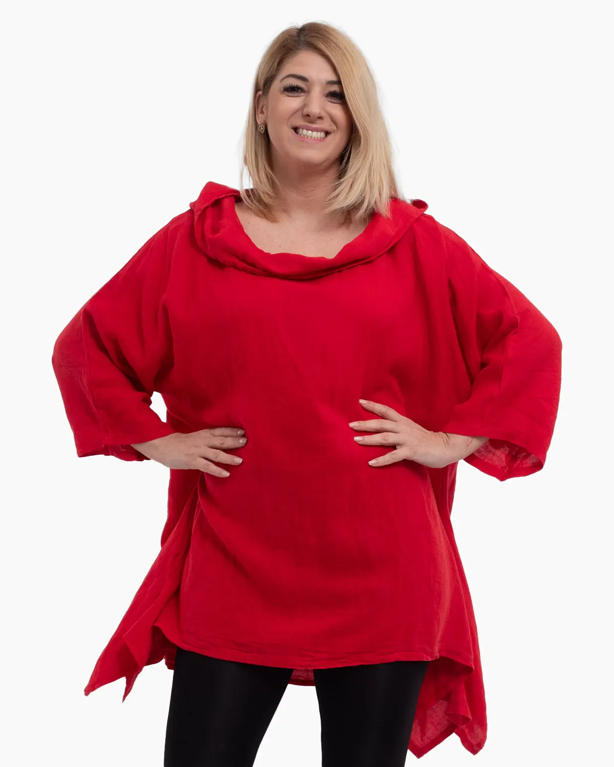 Bluze din In - Bluza rosu din in cu gluga si croi lejer pentru eleganta casual
