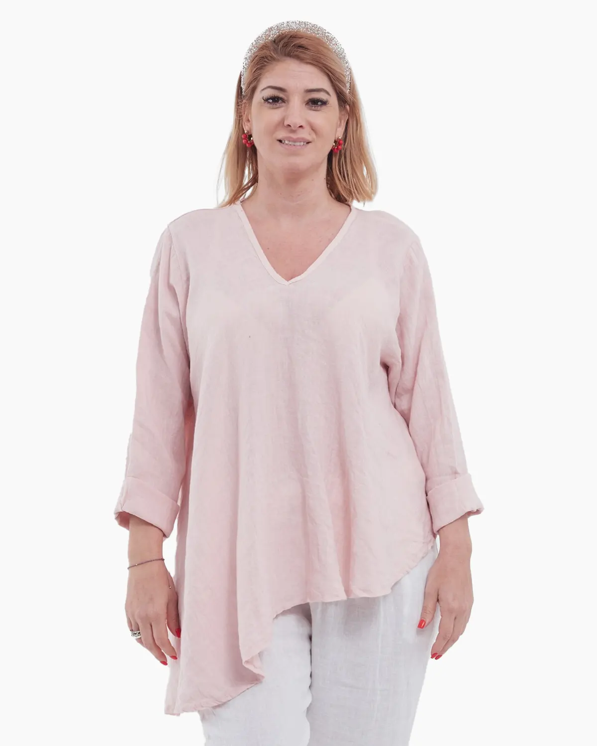 Bluze din In - Bluză roz din in cu achior și croială asimetrică casual-chic pentru vară