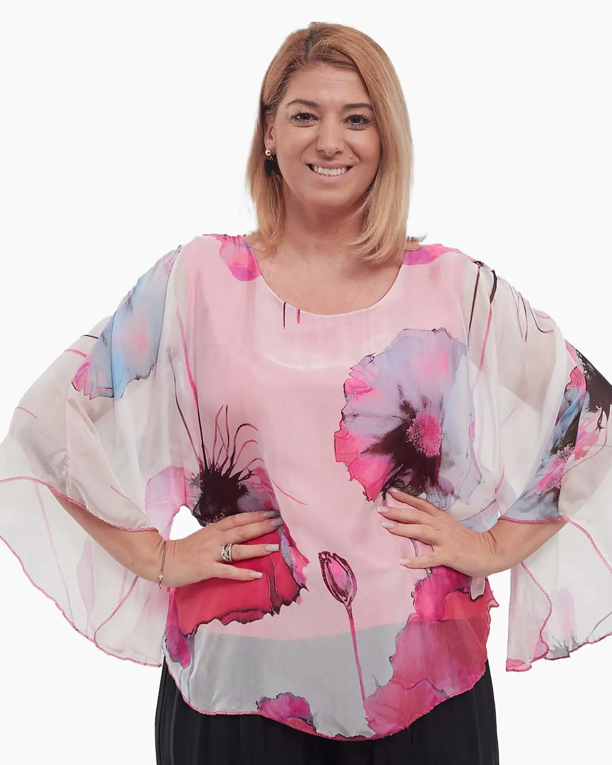Bluze din Vâscoză - Bluză roz stil kimono elegantă din vâscoză cu imprimeu floral