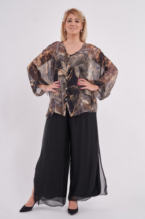 Bluze din Mătase - Bluza tip camasa,eleganta, din matase si vascoza cu nasturei si imprimeu negru si bej